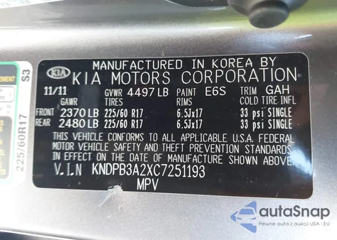 2012 Kia Sportage Lx z USA, uszkodzony, nr VIN KNDPB3A2XC7251193